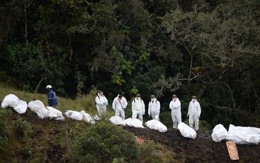 Rescue and forensic teams recover the bodies of victims of the LAMIA airlines charter that crashed in the mountains of Cerro Gordo, municipality of La Union, Colombia, on November 29, 2016 carrying members of the Brazilian football team Chapecoense Real. A charter plane carrying the Brazilian football team crashed in the mountains in Colombia late Monday, killing as many as 75 people, officials said. / AFP PHOTO / STR / Raul ARBOLEDA